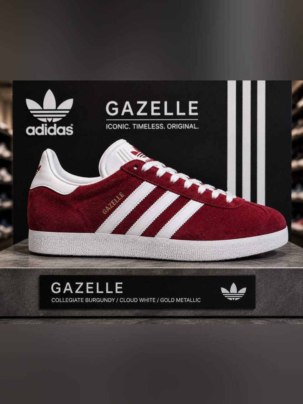 adidas Originals Gazelle – Collegiate Burgundy / Cloud White / Gold Metallic NIB